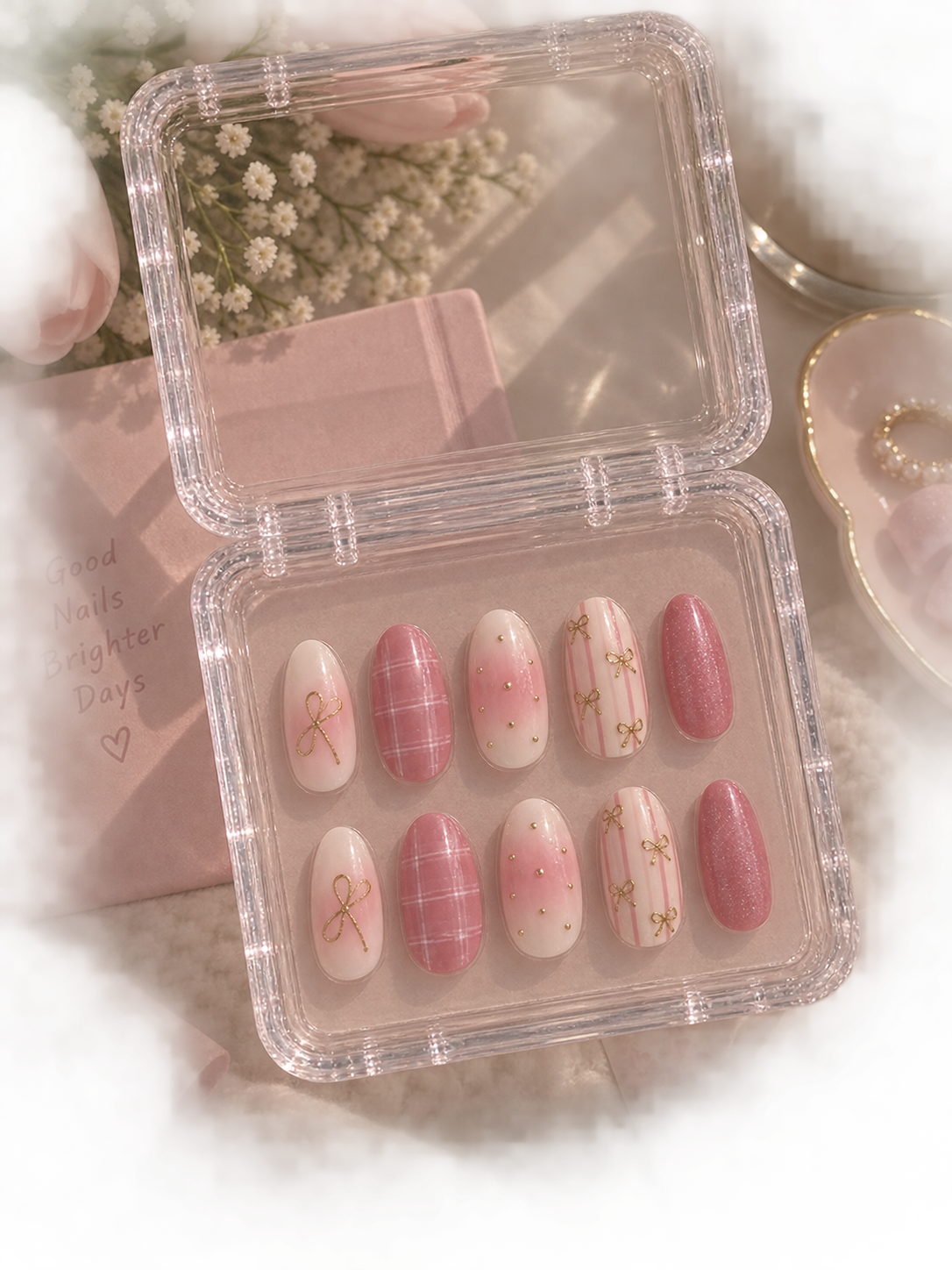Blush Aura, Golden Ribbon Bow & Plaid Almond Press-On Nails | Reusable Coquette Gel Nails | Fluture Luxury Collection