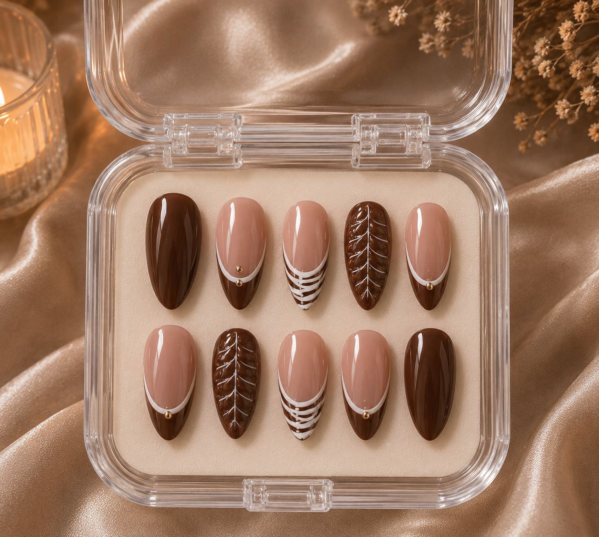 Warm Espresso & Latte Swirl Geometric French Almond Press-On Nails | Reusable Minimalist Autumn Gel Nails | Fluture Luxury Collection