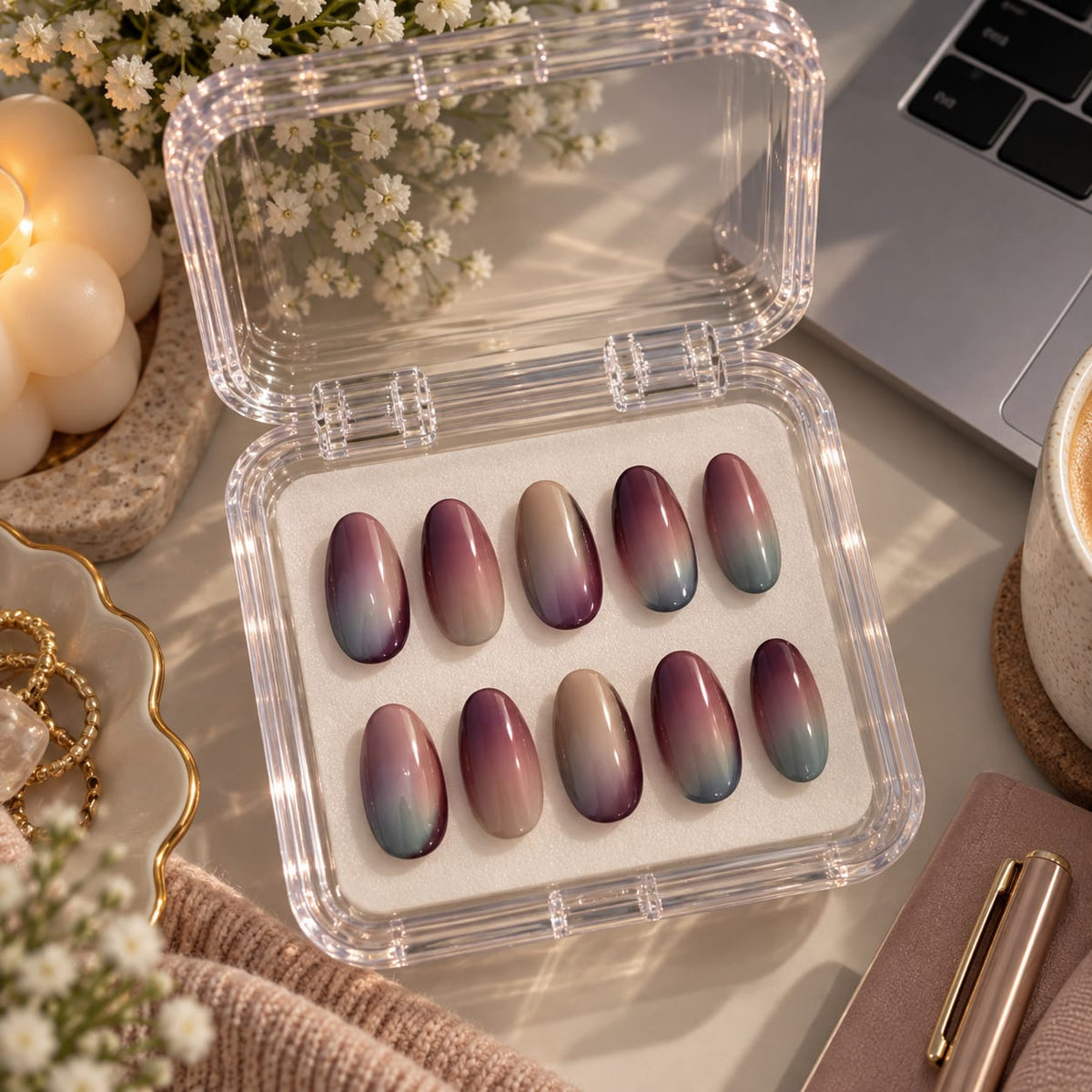 Smoky Aura Ombré Almond Press-On Nails | Reusable Everyday Gel Nails | Fluture Studio Collection