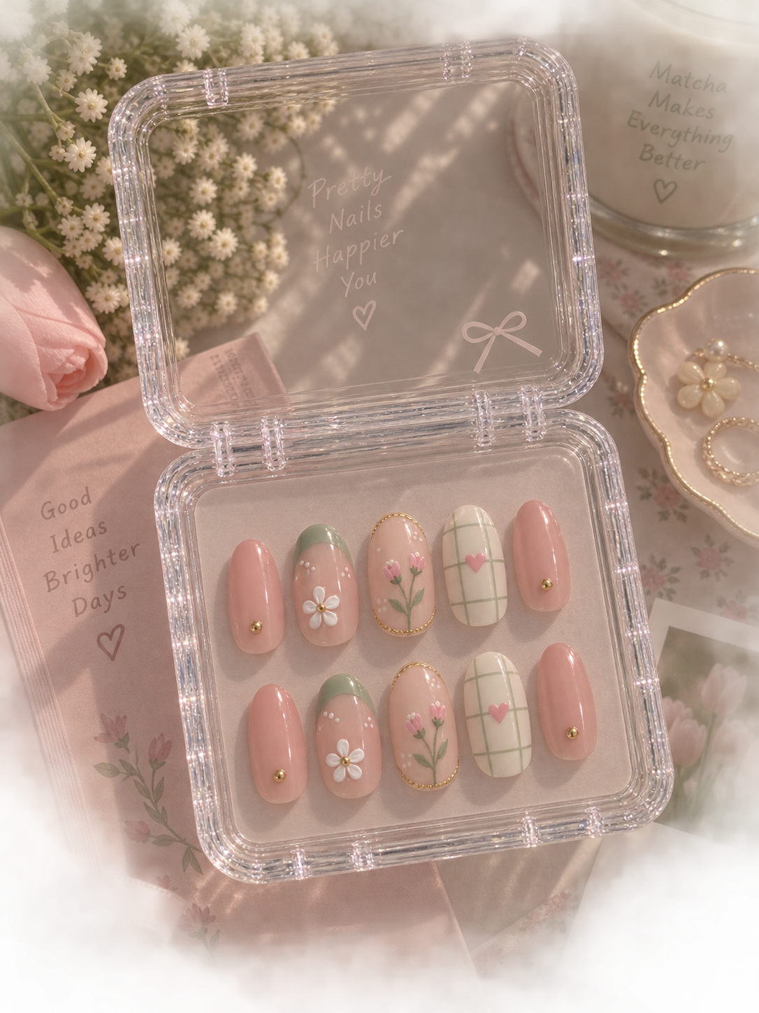 Matcha French, 3D Daisy & Tulip Plaid Almond Press-On Nails | Reusable Pastel Floral Gel Nails | Fluture Luxury Collection