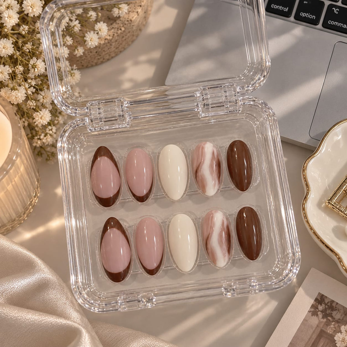 Café Marble & Mocha Almond Press-On Nails | Reusable Everyday Gel Nails | Fluture Studio Collection
