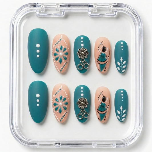Teal Matte & Dandiya Garba Festive Almond Press-On Nails | Navratri Special | Fluture