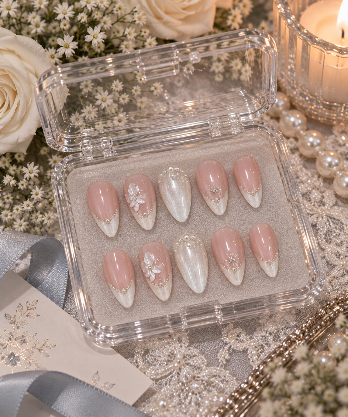 Bridal Pearl White Almond Press-On Nails | Reusable Wedding Gel Nails | Fluture Bridal Collection