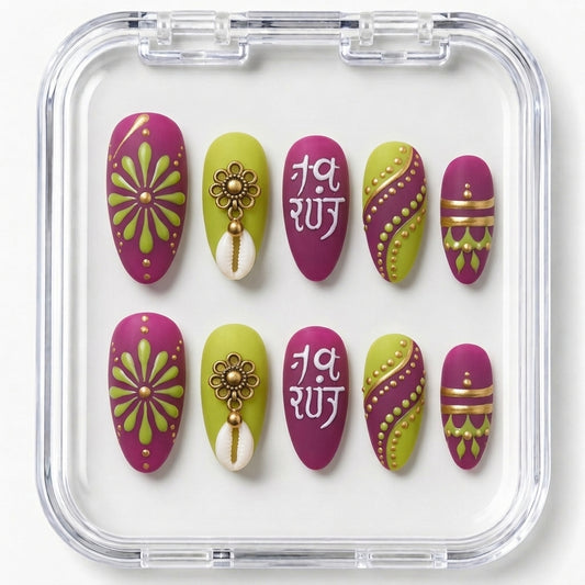 Royal Purple & Lime Green Cowrie Shell Dandiya Almond Press-On Nails | Navratri Special | Fluture