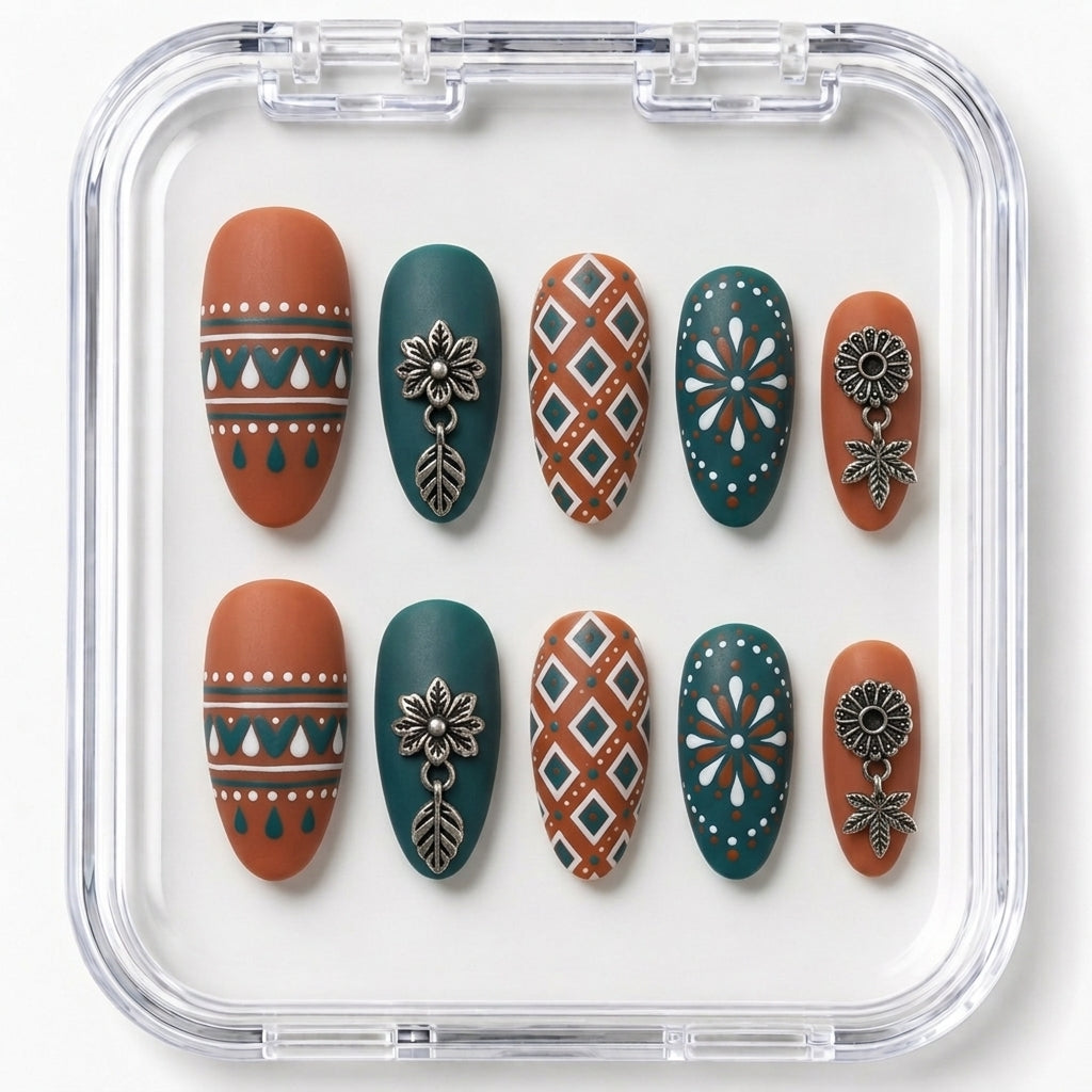 Boho Terracotta & Peacock Teal Ethnic Mandala Almond Press-On Nails | Navratri Special | Fluture