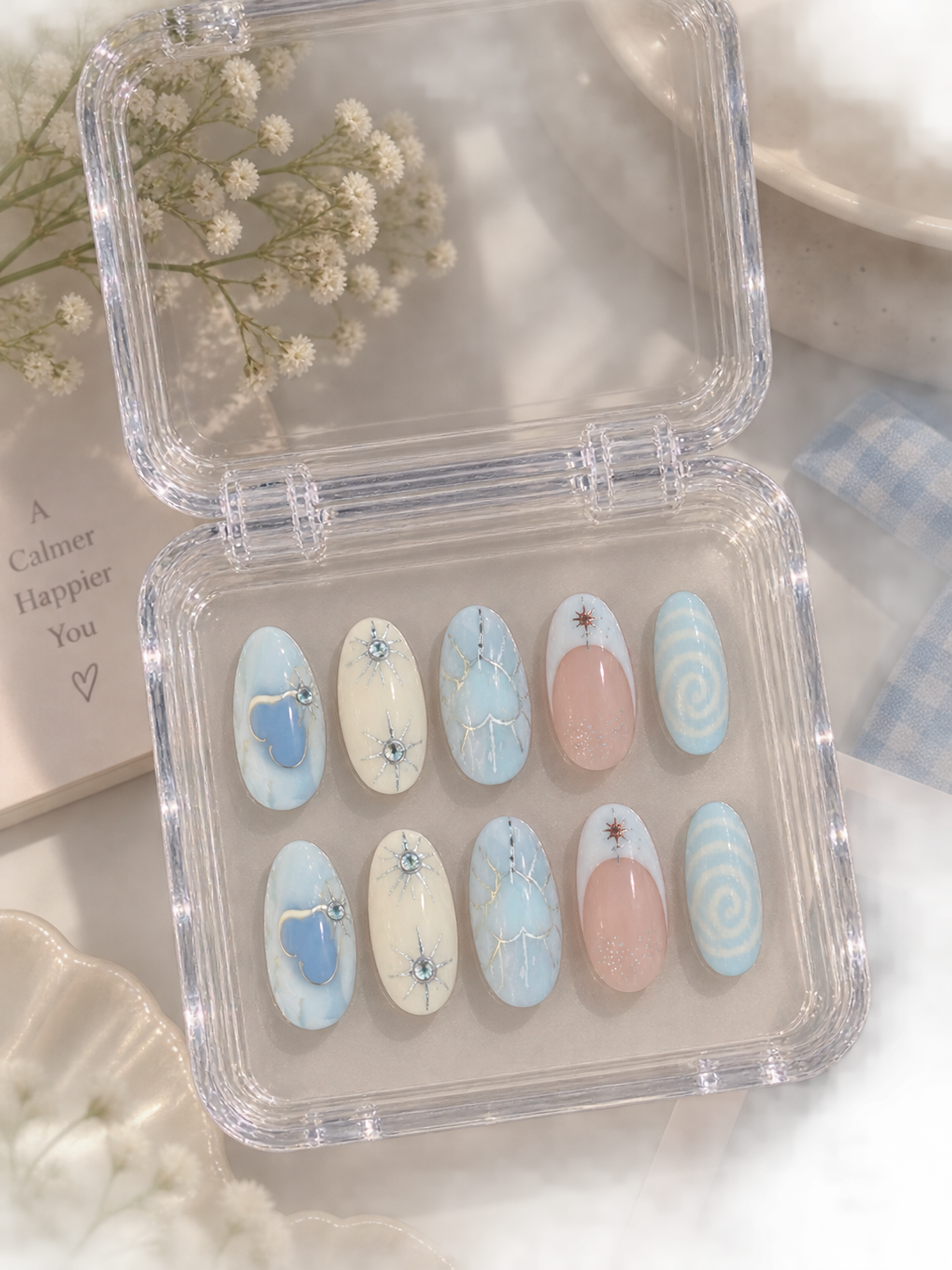 Pastel Blue Celestial, Heart Cloud & Swirl Almond Press-On Nails | Reusable Dreamy Gel Nails | Fluture Luxury Collection