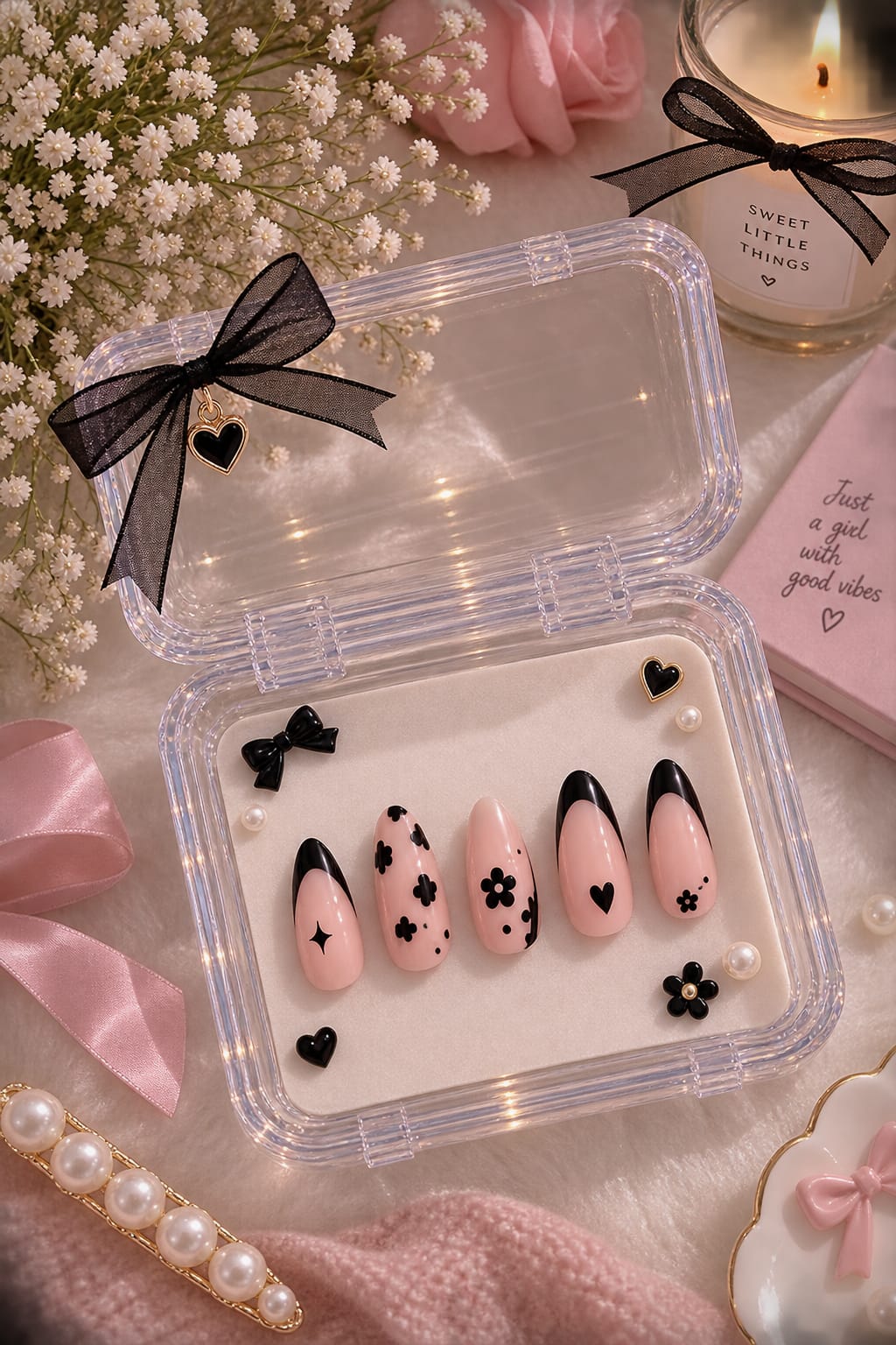 Black French, Floral & Heart Almond Press-On Nails | Reusable Minimalist Gel Nails | Fluture Luxury Collection