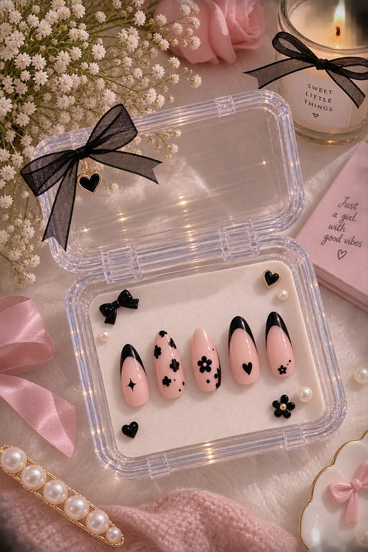 Black French, Floral & Heart Almond Press-On Nails | Reusable Minimalist Gel Nails | Fluture Luxury Collection