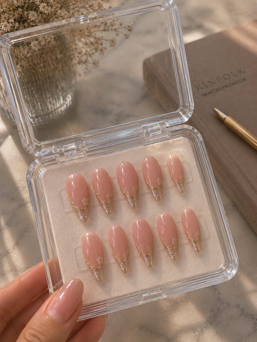 Champagne Glitter French & Delicate Gold Floral Almond Press-On Nails | Reusable Minimalist Bridal Gel Nails | Fluture Luxury Collection