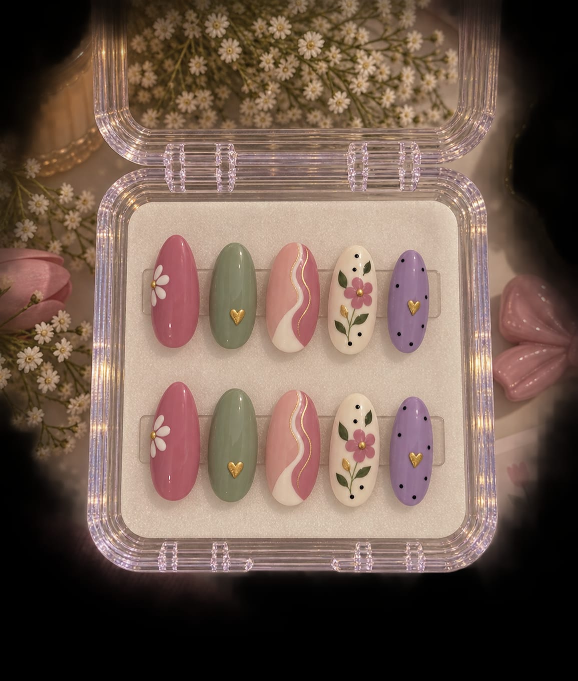 Sage & Mauve Floral, Ribbon Swirl & Heart Almond Press-On Nails | Reusable Pastel Gel Nails | Fluture Luxury Collection
