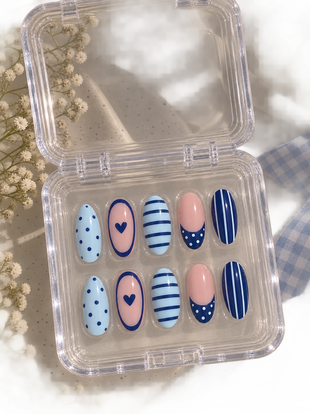 Navy & Sky Blue Nautical Stripe, French & Heart Almond Press-On Nails | Reusable Preppy Gel Nails | Fluture Luxury Collection