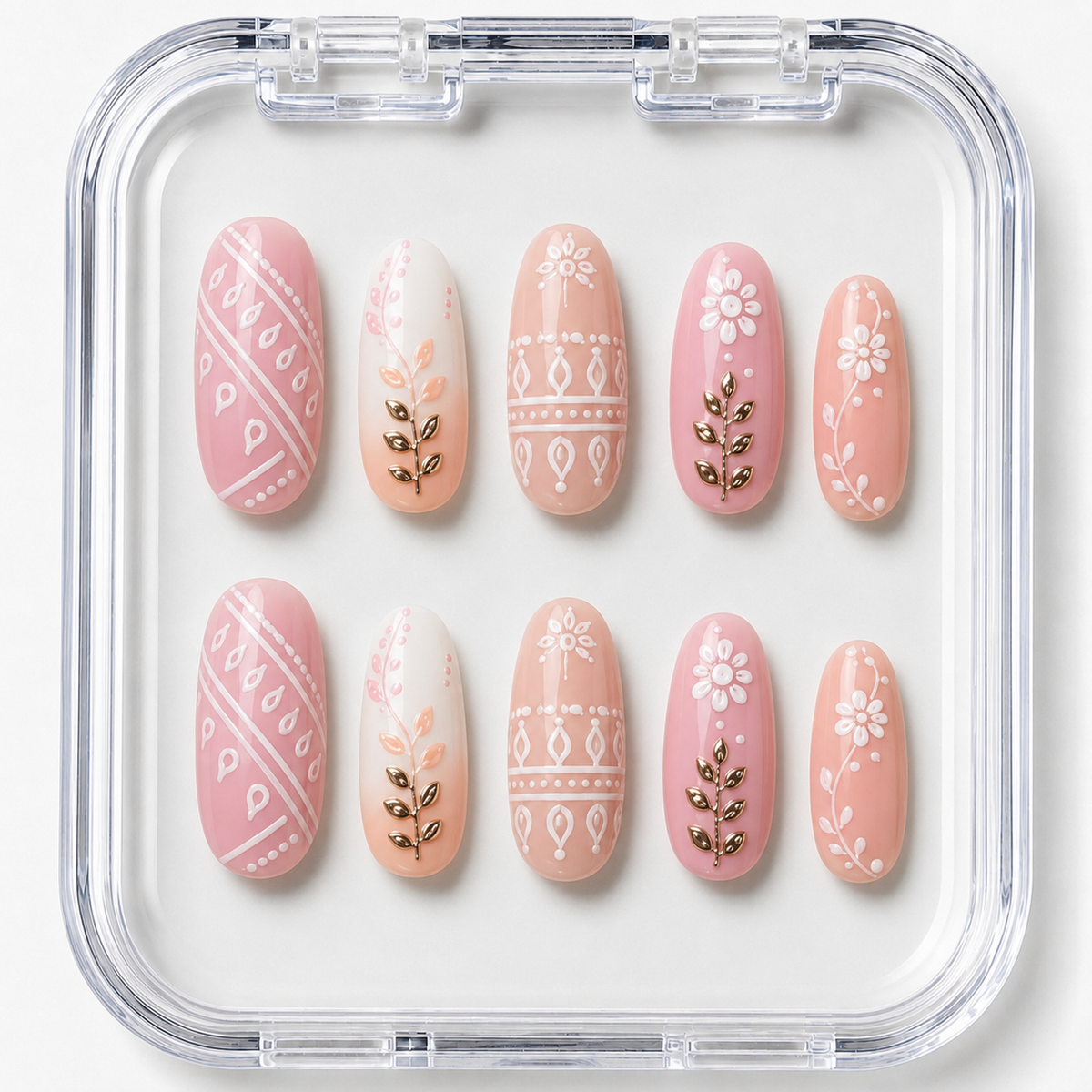 Navratri Garba Bandhani & Floral Gota Patti Almond Press-On Nails | Reusable Festive Ethnic Gel Nails | Fluture Themed Collection