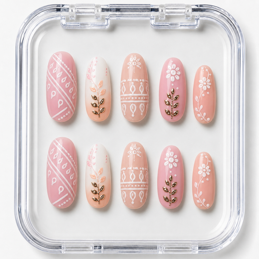 Navratri Garba Bandhani & Floral Gota Patti Almond Press-On Nails | Reusable Festive Ethnic Gel Nails | Fluture Themed Collection