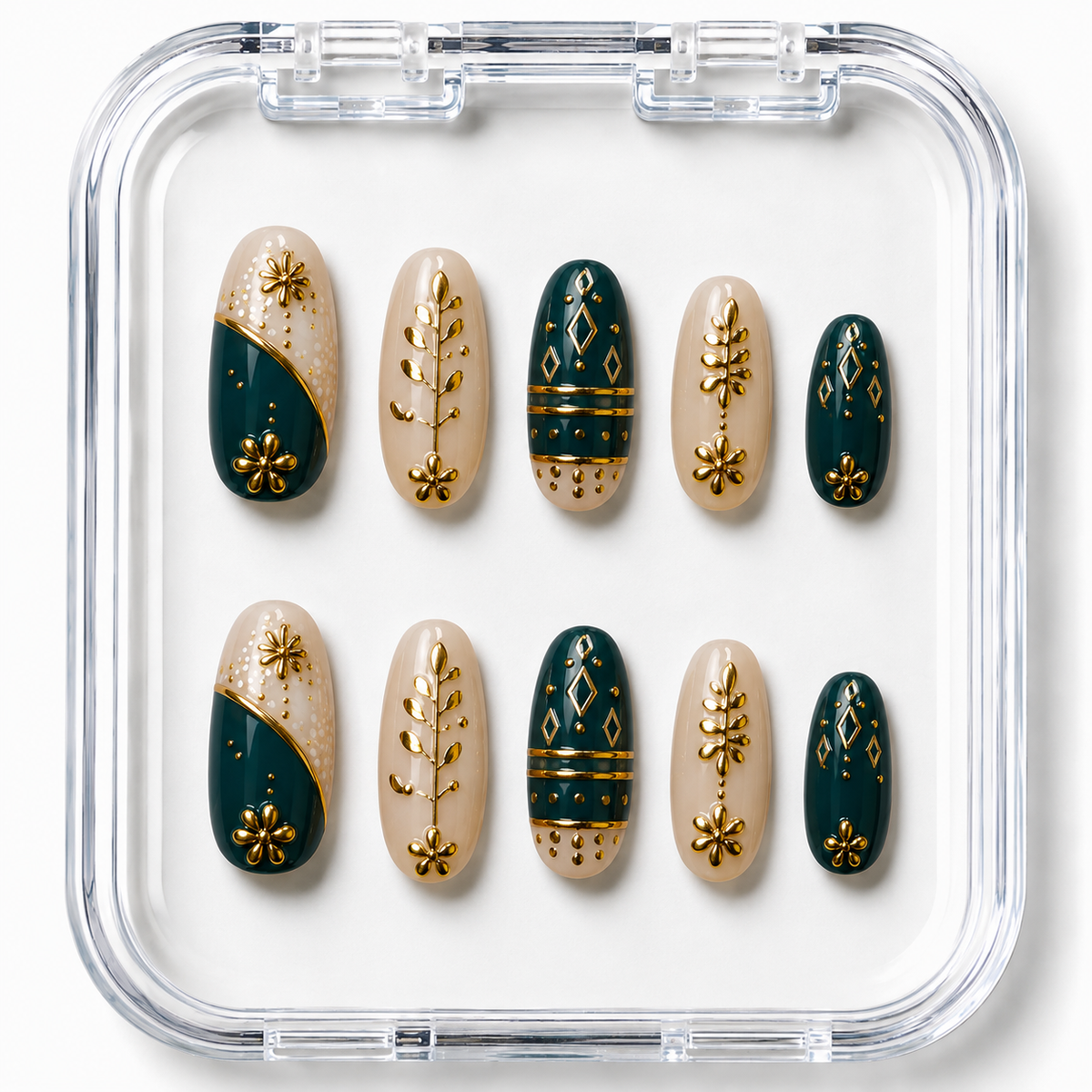 Navratri Peacock Teal & Gilded Zari Mandala Almond Press-On Nails | Reusable Ethnic Dandiya Gel Nails | Fluture Themed Collection