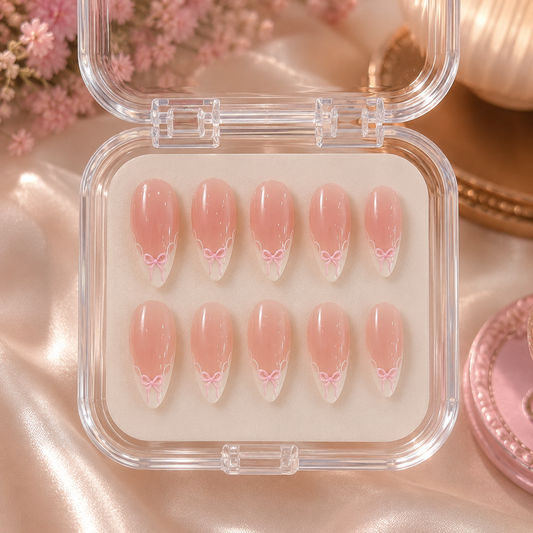 Blush Pink Ombré & Coquette Ribbon Bow Almond Press-On Nails | Reusable Minimalist French Gel Nails | Fluture Luxury Collection