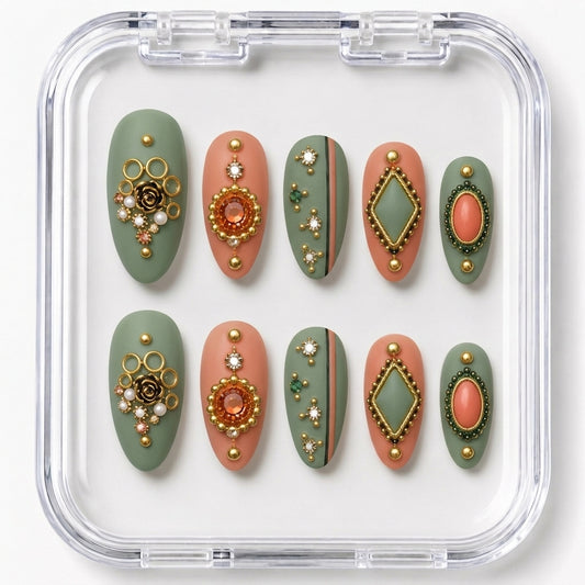 Kundan Jewel & Matte Sage-Terracotta Royal Almond Press-On Nails | Navratri Special | Fluture