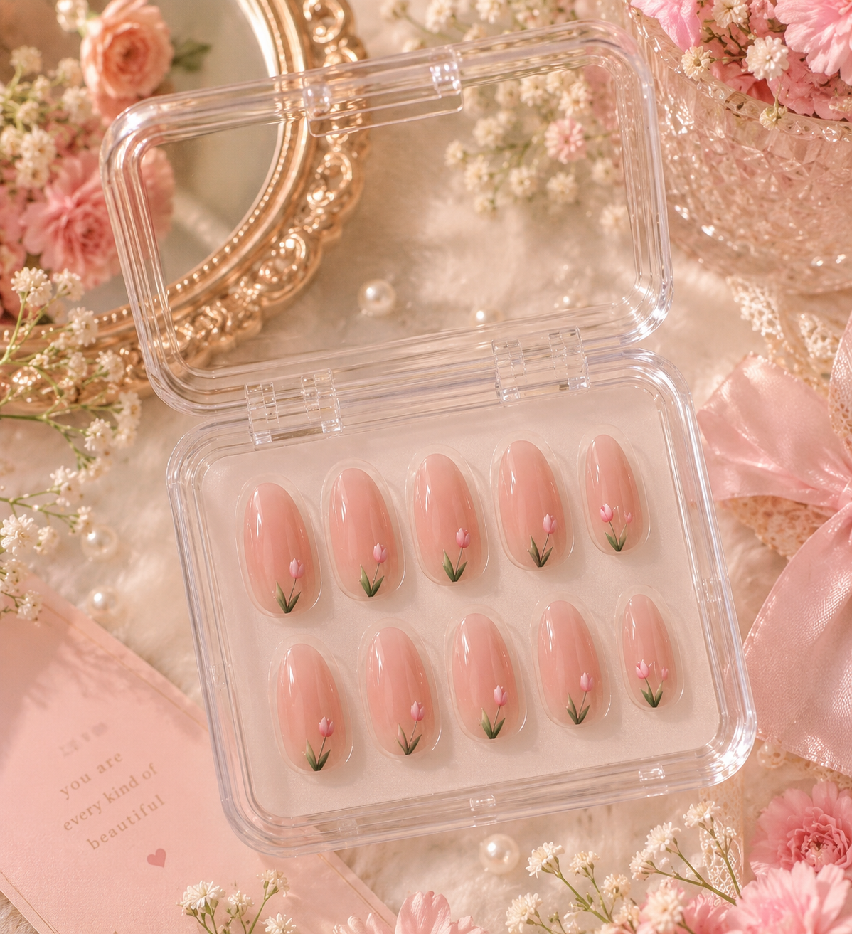 Blushing Tulip French Ombre Almond Press-On Nails | Reusable Minimalist Floral Gel Nails | Fluture Luxury Collection