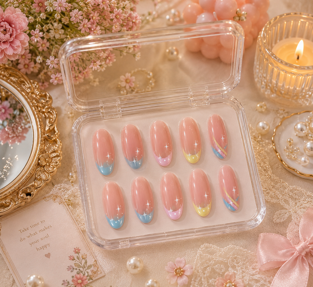 Pastel French, Swirl & Twinkle Star Almond Press-On Nails | Reusable Dreamy Gel Nails | Fluture Luxury Collection