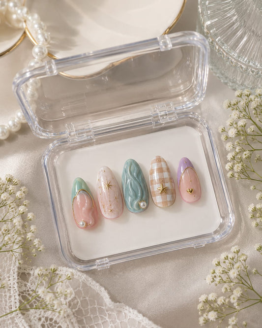 Pastel Wave, Gingham & Celestial Star Almond Press-On Nails | Reusable Whimsical Cottagecore Gel Nails | Fluture Luxury Collection