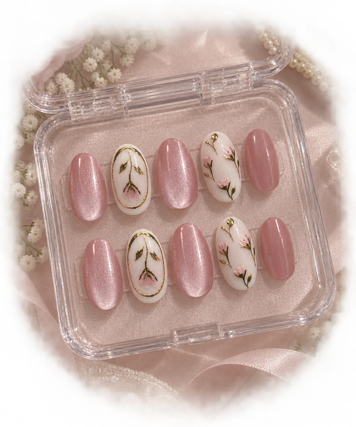 Bridal Pink Velvet Botanical Almond Press-On Nails | Reusable Wedding Gel Nails | Fluture Bridal Collection