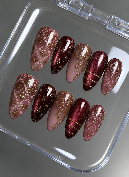 Royal Maroon & Antique Gold Filigree Almond Press-On Nails | Navratri Special | Fluture