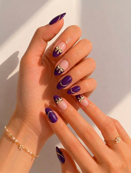 Royal Violet Bow Press-On Nails | Reusable Gel Nails | Fluture