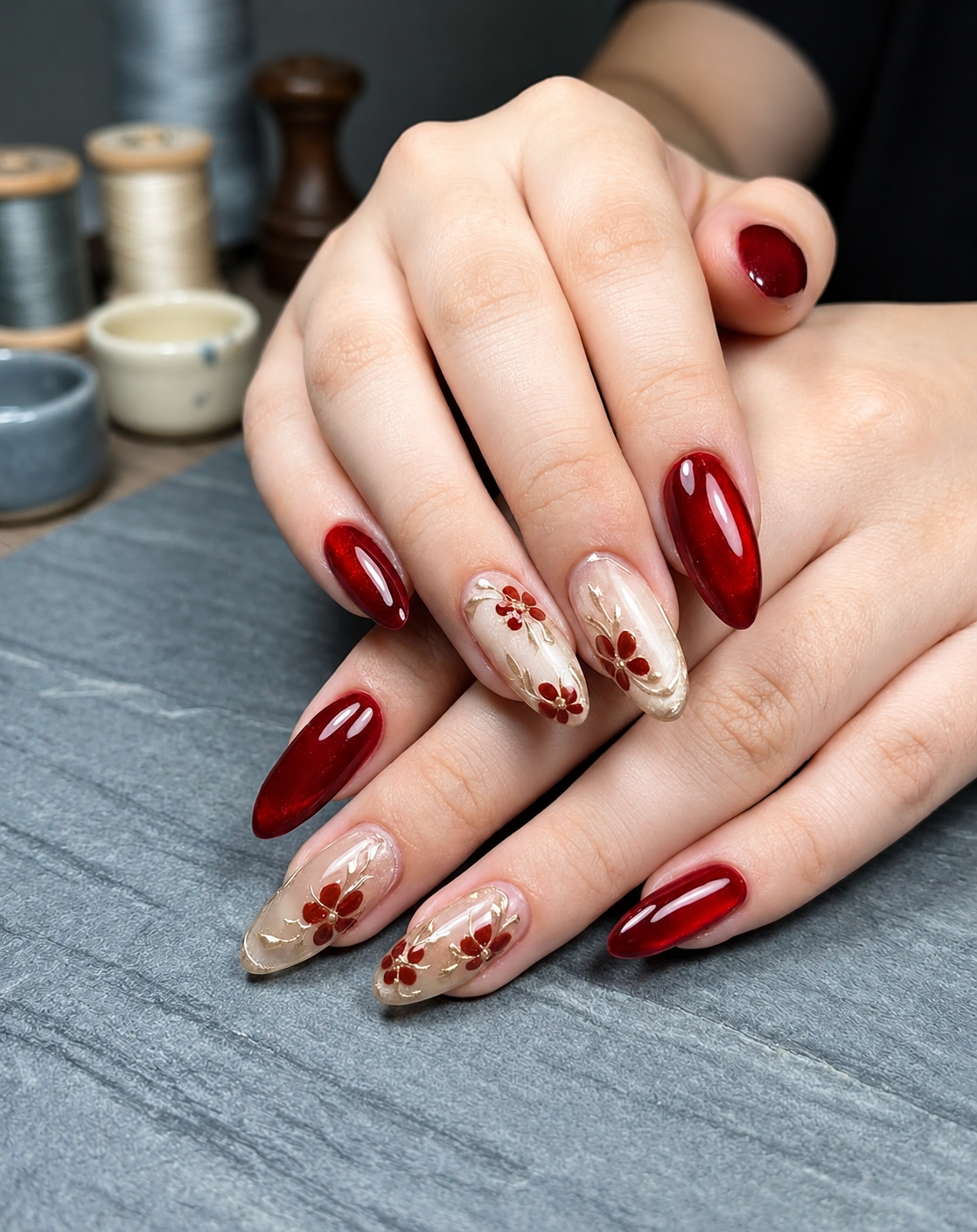 Crimson Cat-Eye & Gold Embroidered Floral Bridal Almond Press-On Nails | Reusable Luxury Wedding Gel Nails | Fluture Bridal Edit