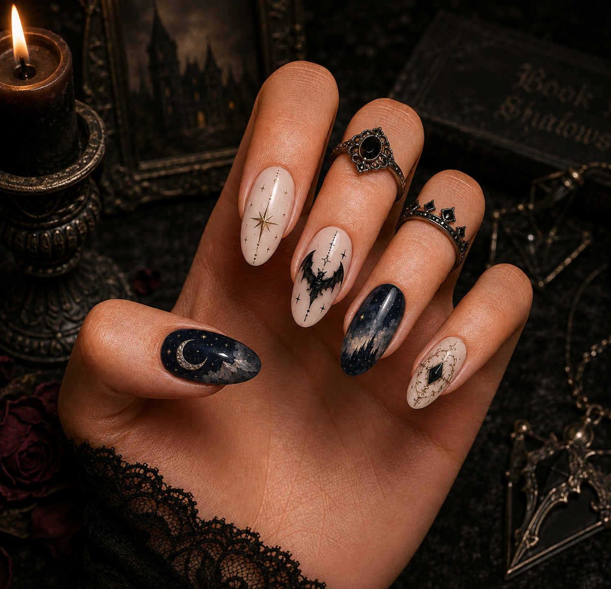 Night Court Celestial Bat & Gothic Castle Almond Press-On Nails | Reusable Fantasy Gel Nails | Fluture Themed Collection