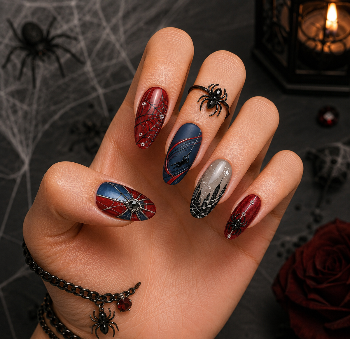 Spider-Man NYC Skyline & Web-Slinger Ruby Red Almond Press-On Nails | Reusable Superhero Gel Nails | Fluture
