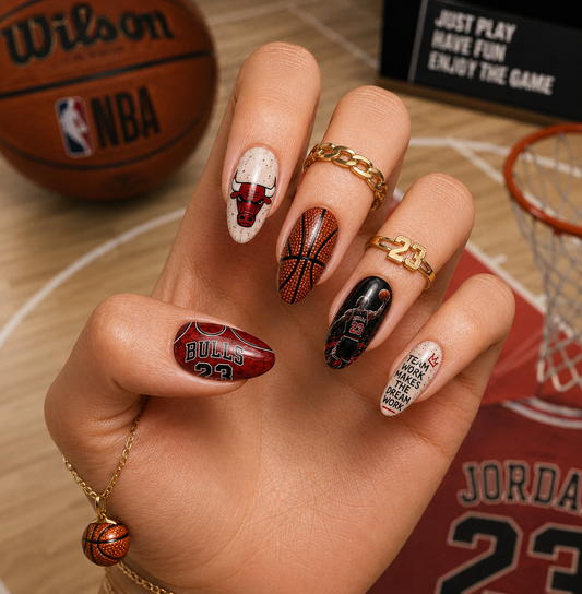 Chicago Bulls #23 Basketball & Michael Jordan Almond Press-On Nails | Reusable NBA Sports Gel Nails | Fluture