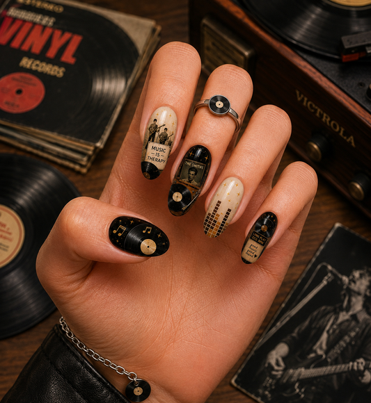 Vintage Vinyl Record Player & The Smiths Indie Music Almond Press-On Nails | Reusable Retro Gel Nails | Fluture