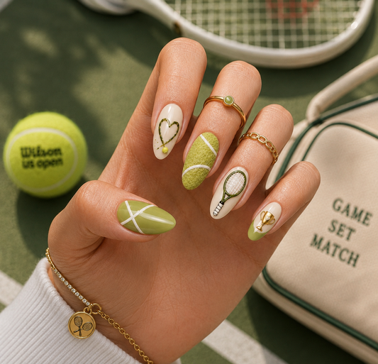 Tennis Club Court & Golden Trophy Almond Press-On Nails | Reusable Preppy Sports Gel Nails | Fluture Themed Collection