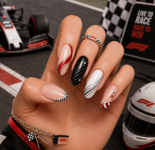 Grand Prix Formula Racing Carbon Fiber & #16 Speedline Almond Press-On Nails | Reusable Motorsport Gel Nails | Fluture