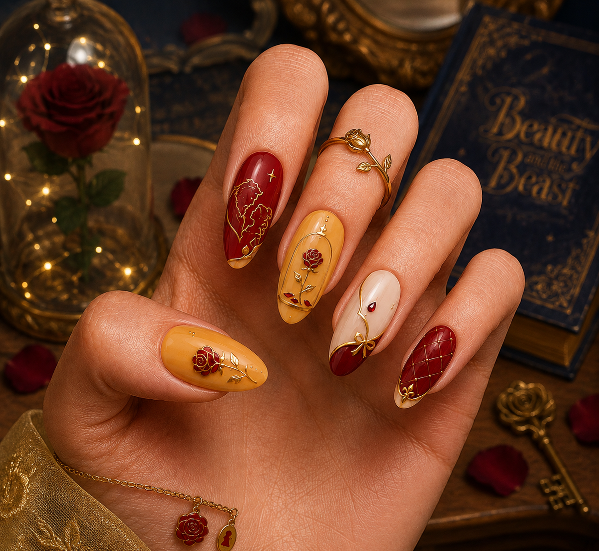 Beauty & The Beast Enchanted Rose & Belle Ballgown Almond Press-On Nails | Reusable Princess Gel Nails | Fluture Themed Collection