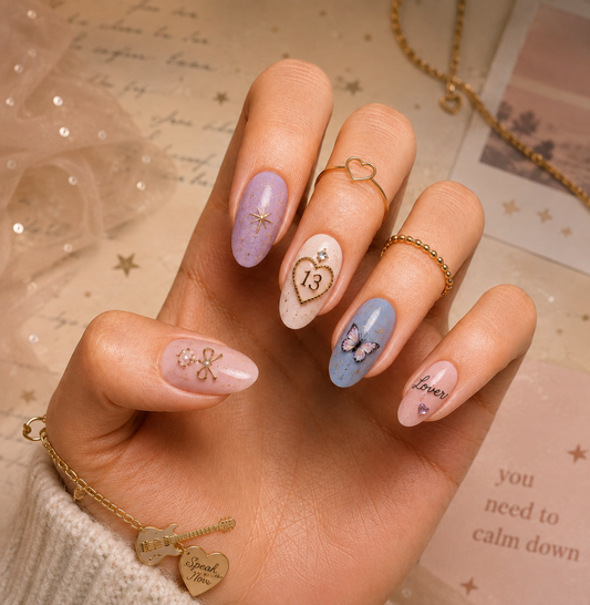 Taylor Swift Eras Lucky 13 & Lover Butterfly Almond Press-On Nails | Reusable Swiftie Gel Nails | Fluture