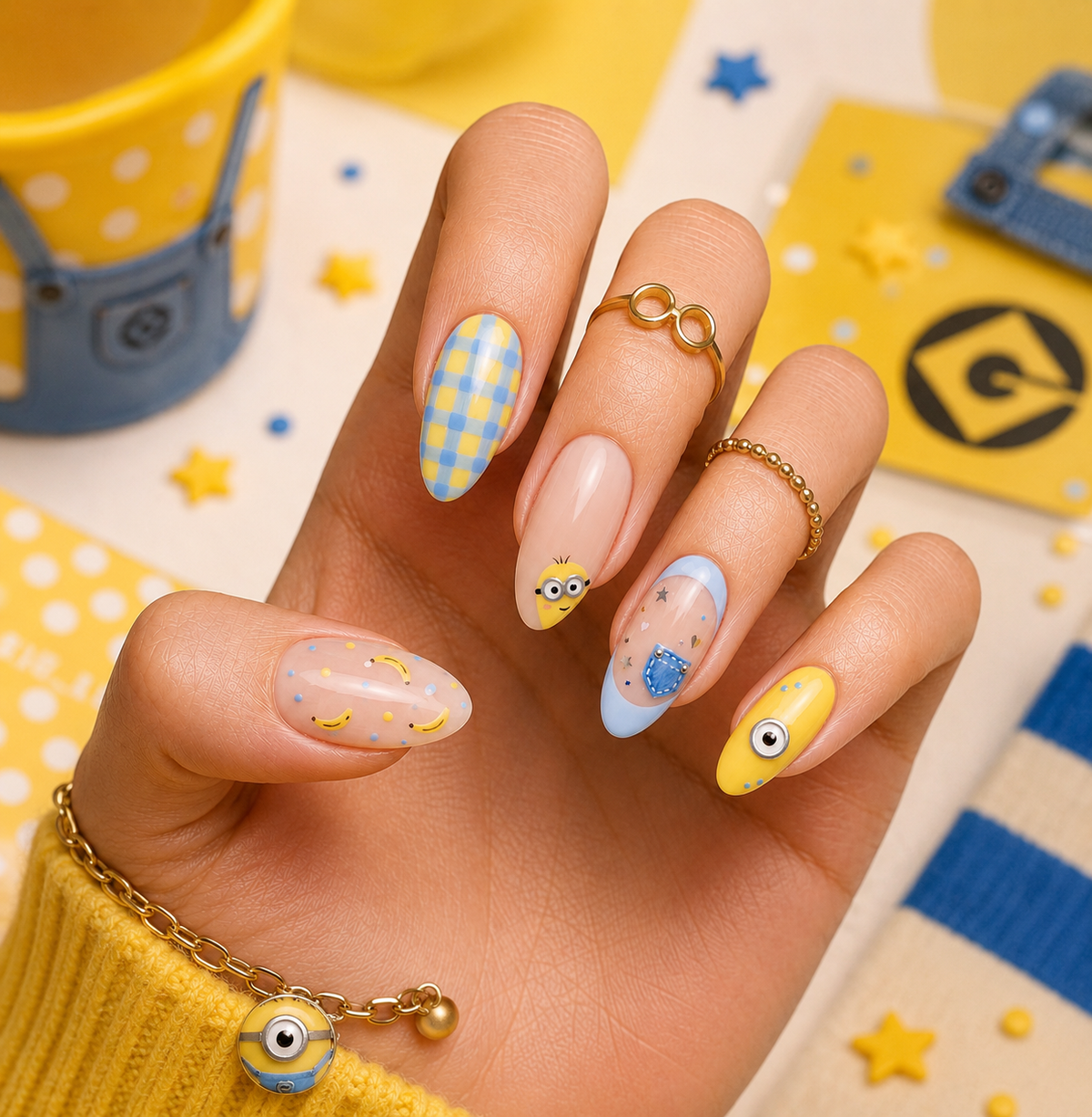 Despicable Me Minions Banana & Denim French Almond Press-On Nails | Reusable Animated Gel Nails | Fluture