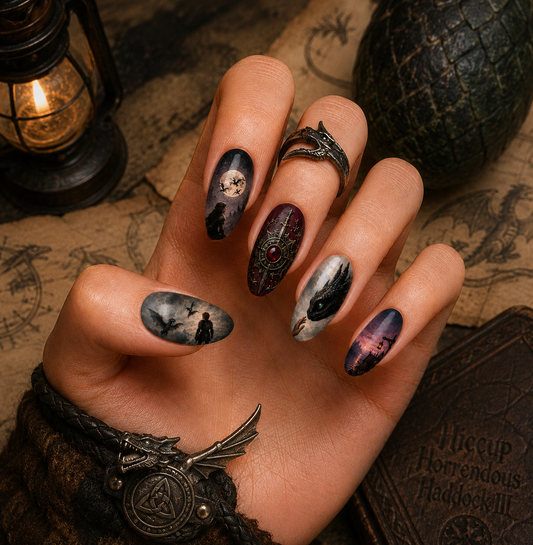 How to Train Your Dragon Night Fury & Viking Crest Almond Press-On Nails | Reusable Gel Nails | Fluture Themed Collection