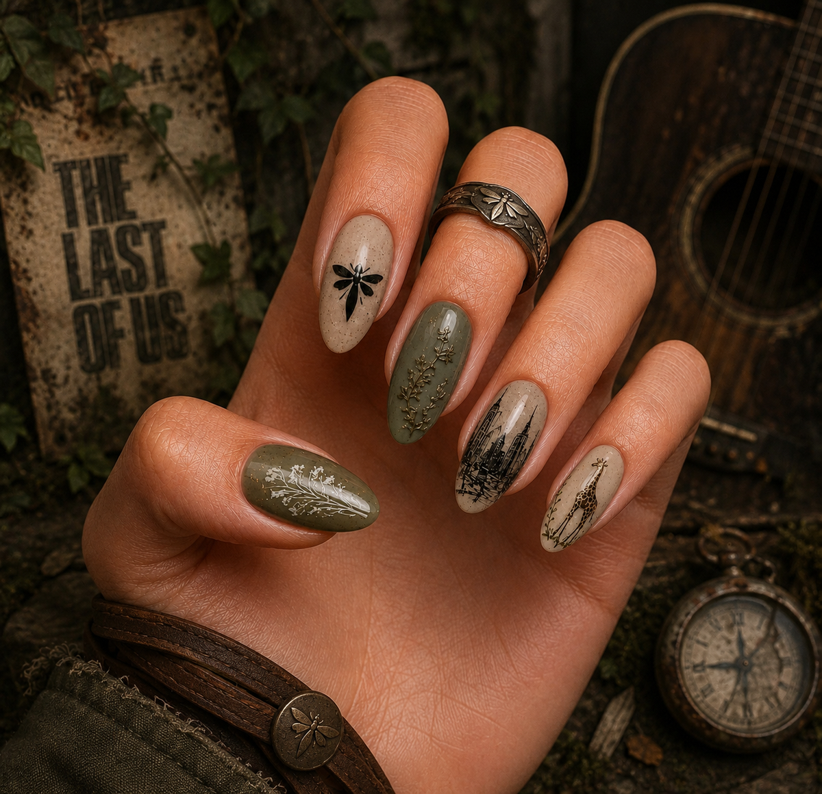 The Last of Us Firefly & Overgrown Post-Apocalyptic Almond Press-On Nails | Reusable Gaming Gel Nails | Fluture