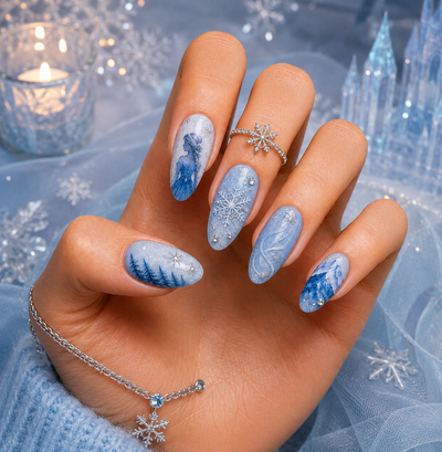 Frozen Elsa Ice Queen & Winter Snowflake Almond Press-On Nails | Reusable Princess Gel Nails | Fluture Themed Collection