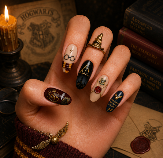 Harry Potter Hogwarts & Deathly Hallows Almond Press-On Nails | Reusable Wizarding Gel Nails | Fluture Themed Collection