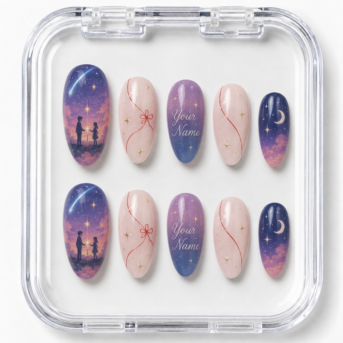 Your Name (Kimi no Na wa) Twilight Comet & Red Thread of Fate Almond Press-On Nails | Reusable Anime Gel Nails | Fluture Themed Collection