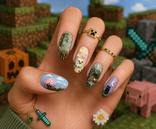 Minecraft Cozy Cherry Grove & Pixel Enderman Almond Press-On Nails | Reusable Gamer Gel Nails | Fluture Themed Collection