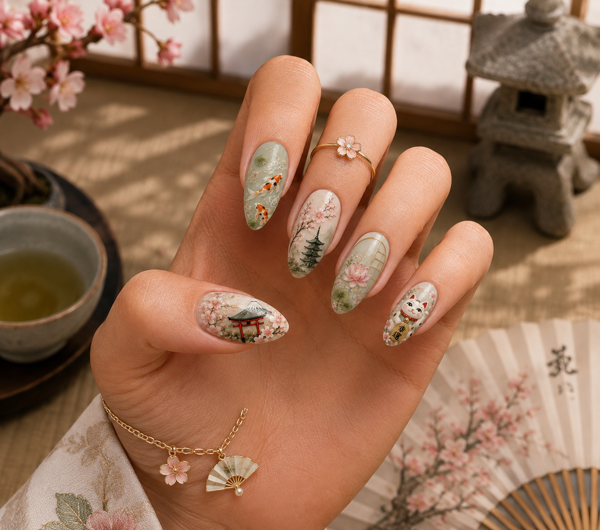 Japanese Zen Garden Koi Pond & Lucky Maneki-Neko Almond Press-On Nails | Reusable Oriental Art Gel Nails | Fluture Themed Collection