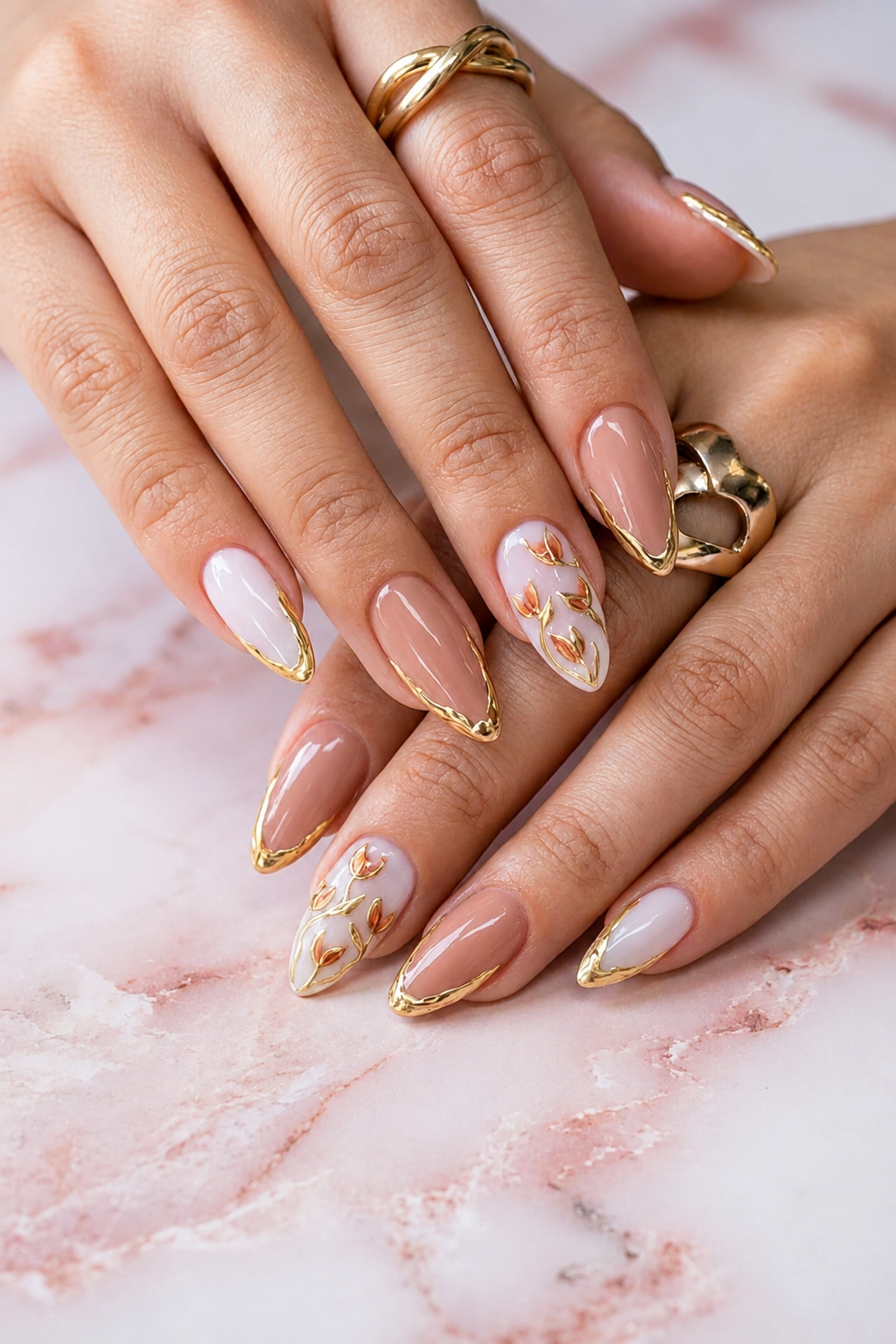 Gilded Tulip & Gold Chrome Bridal Almond Press-On Nails | Reusable Couture Wedding Gel Nails | Fluture Bridal Edit