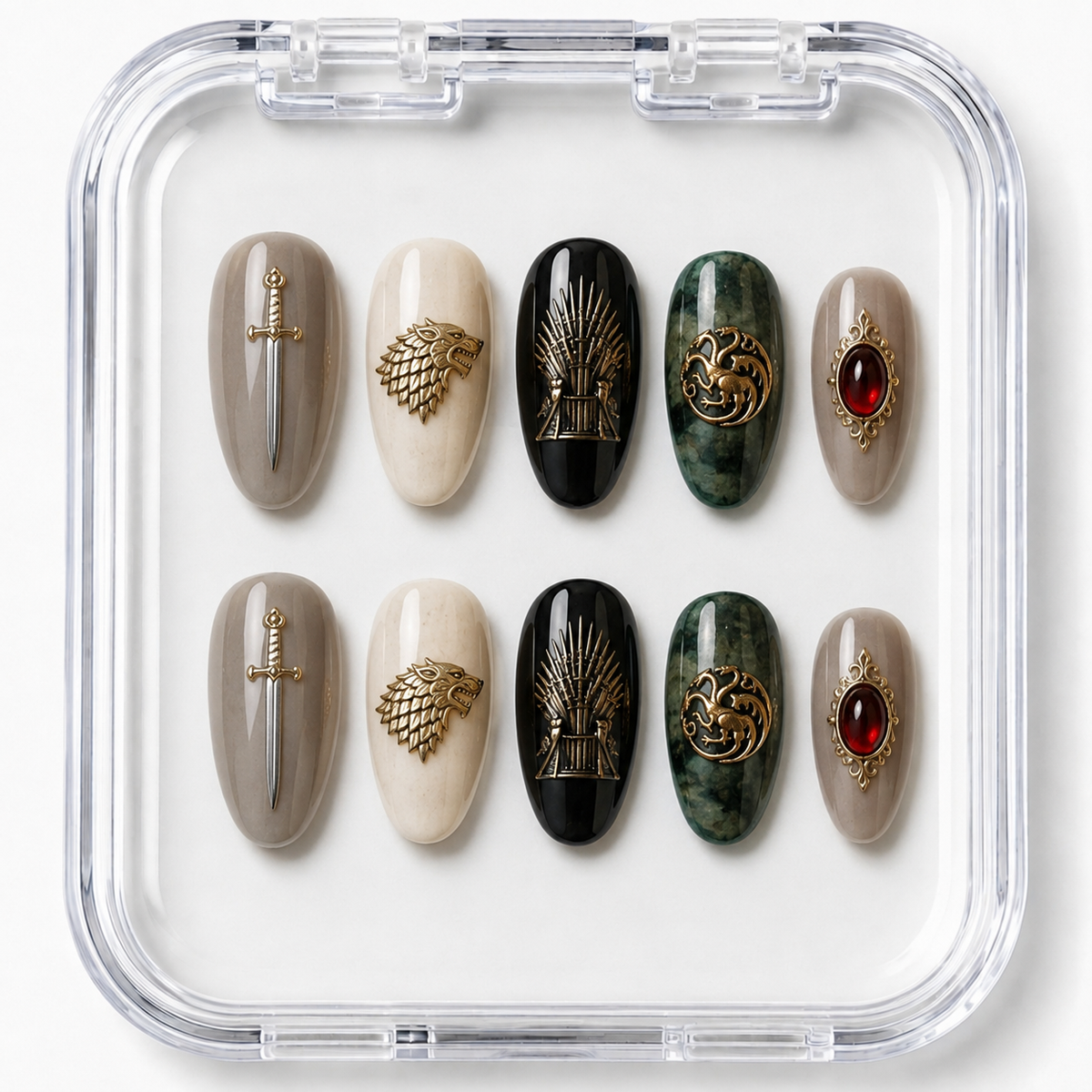 Game of Thrones Iron Throne & House Sigils Antique Gold Almond Press-On Nails | Reusable Fantasy Gel Nails | Fluture