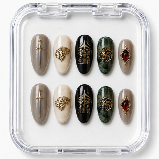Game of Thrones Iron Throne & House Sigils Antique Gold Almond Press-On Nails | Reusable Fantasy Gel Nails | Fluture