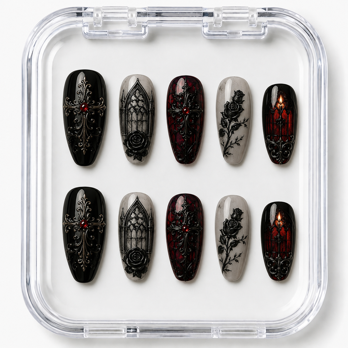 Gothic Cathedral & Stained Glass 3D Rose Almond Press-On Nails | Reusable Gel Nails | Fluture