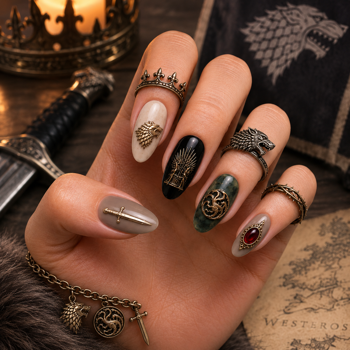 Game of Thrones Iron Throne & House Sigils Antique Gold Almond Press-On Nails | Reusable Fantasy Gel Nails | Fluture