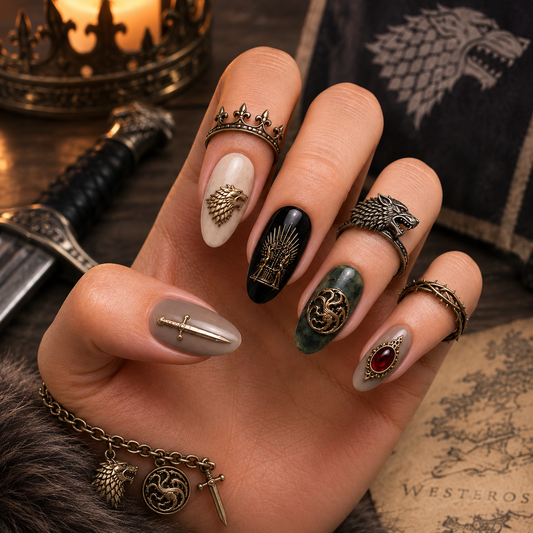 Game of Thrones Iron Throne & House Sigils Antique Gold Almond Press-On Nails | Reusable Fantasy Gel Nails | Fluture