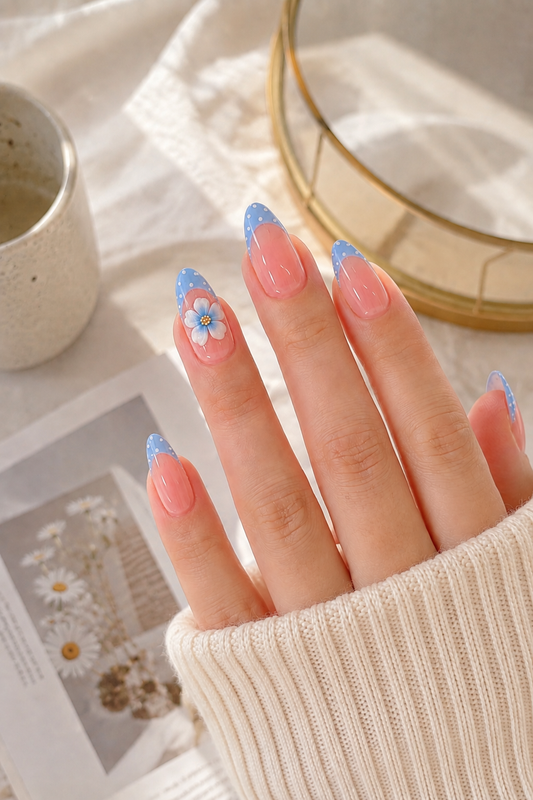 Cornflower Blue Polka Dot French & 3D Forget-Me-Not Floral Almond Press-On Nails | Reusable Sweet Cottagecore Gel Nails | Fluture Luxury Collection